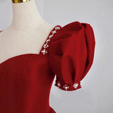 Pbong  Burgundy Square Collar A-LINE Evening Dresses Puffy Sleeves Long Prom Dresses Elegant Beading Decoration Party Dresses