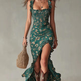 Pbong  Sexy Spaghetti Strap Long Dresses For Women Summer Fashion Sleeveless Square Collar Floral Print Party Dress Elegant