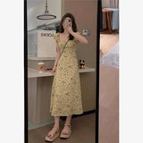 Pbong  Summer Women's Dress Cherry Yellow Flower Slimming High Neck Short Sleeve A-Line Skirt CleanFit Style High Waist Cotton Fabric