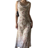 Pbong  Elegant floral print Dresses Summer Women's Dress New SKinny High Waist SLEEVELESS Lace Swinging Neck Sexy Bohemian Maxi Dress