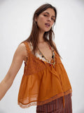 Lace Embroidery Sweet Chic Tank Top V-neck Loose Patchwork Summer Vest Cotton Blend Sleeveless Fashion Vacation Camisole 2025