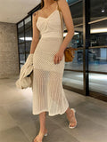 Summer Hollow Out Knit Long Skirt Casual Wrap Ladies Pencil See Through Midi Skirts Bodycon Korean Streetwear