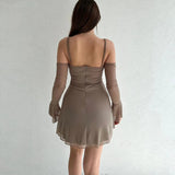 Women Sexy Spaghetti Strap Short Mini Dress Casual Solid Color Low Neck with Sleeve Bodycon Dress Club Party Y2KStreetwear