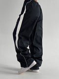 American Retro Casual Straight Leg Track Pants Women Side Contrast Patchwork Elastic Waist Hippie Jogging Trousers