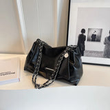 Pbong  Vintage Black Chain Strap Tote Bag, Casual Large Capacity Shoulder Purse with Texture for Everyday Women Versatile Underarm Bag