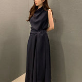 Pbong  Temperament Fashion Summer Elegant Pile Collar Sleeveless Tank Dress Women Solid Patchwork Bandage Slim A-line Length Dresses