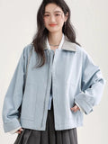 Blue Cargo Jacket Women Sweet Preppy Style Long Sleeve Retro Coat Casual Patchwork Turn Down Collar Korean Fall Outwear Top