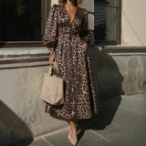 Pbong  Sexy V-neck Leopard Print Lantern Sleeve Zipper Shirt Dress Long Dress Women's Fashion Spring Autumn Clothing High Waist A- li..