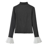 Pbong  Patchwork Flare Sleeve Woman T Shirts Turtleneck Tunic Bodycon Tees Chic Korean Y2k Tops Casual All Match Tshirt