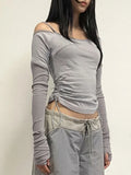Slash Neck Patchwork Long Sleeve Slim Basic Casual Tees Side Shirring Womens T Shirt
