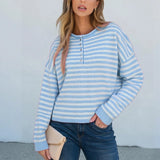 Pbong  Womens Knitted Sweater Tops Fall Long Sleeve Crew Neck Striped Button Loose Pullover Jumpers Preappy Casual Knitwear