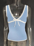 Knitted Deep V-neck Bow Women Crop Top Blue Patchwork Spaghetti Strap Tank Top Female Spring Slim Casual Streetwear