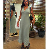 Fashionslim fit V-neck sleeveless long dress turn down collar tight green knitting summer dress simple casual female clothing