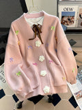 3D Floral Sweet Bow Cardigan Sweaters Women Preppy Style Loose V Neck Korean Knitted Jacket Casual Fashion Long Sleeve Fall Tops