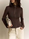 Zipper Stand Collar Slim Women Sweater Basic Solid Color Long Sleeve Knitting Tops Spring Fall Casual Ribbed Tight Jakcet Female