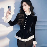 Women's Black Velvet Shirt 2025 Spring Autumn Be All-match High-grade Ladies Blouse Long Sleeve Comfortable Slim Lady Tops
