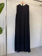 Dress for Women Vintage Dress Women Round Neck Sleeveless Pleated Dresses Female Korean Solid Slimming Lace Up Long Dresses