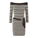 Pbong  Sexy Off Shoulder Striped Knit Package Hip Dress For Women Long Sleeve With Belt Bodycon Mini Dresses New Autumn Robe
