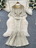 2025 Autumn Sweater Dress Female High Quality Button Design V Neck Solid French Style Elastic Knitted Women's Dress