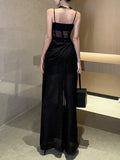 Pbong  Summer New Black Slim Waist Women's Dresses Split Sleeveless French Style Sexy Fashion Female Evening Dress Party Club
