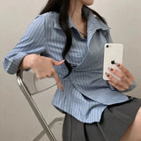 Fashion Slim Striped Shirt Women Elegant Korean Long Sleeve Blouse Casual Irregular Female Spring Sweet Chic All Match Top