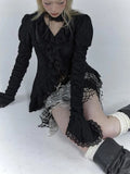 Vintage High Street V Neck Flare Sleeve Women Clothing Harajuku Japan Gothic Ruffle Lace Design Shirts Solid Sexy Y2k Blouse
