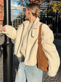 Chic Contrast Spliced Lapel Women's Lamb Wool Jacket Casual Zipper Thick Long Sleeve Coat New Ladies Warm Commute Outerwear