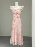French Holiday Style Sweet Summer Dresses Women New Fashion Floral Pink Chic Long Dress Female Elegant Korean Popular Clothes