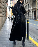 Spring Autumn Extra Long Oversized Cool Reflective Shiny Black Paten Leather Trench Coat for Women Belt Runway Fashion