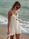 Fashion White Crochet Knit Ruffle Hem Mini Dress Women Sleeveless Backless Loose Sling Dresses Summer Holiday Beach Robes