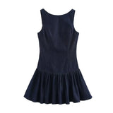 Sleeveless A-line Pleat Denim Short Dress New Navy Blue O Neack Zipper Fashion Summer Dress Streetwear Woman Clothing