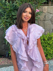 Elegant Ruffles Layer Long Dress Women Sexy V-neck Sleeveless High Waist Dresses Fashion Female Evening Party Club Vestidos