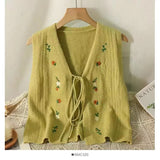 Embroidery Floral Tie Front Sweater Vest for Women Bow Tie Front Sleeveless Knit Cardigan Jacket Teen-girl Fairycore Cute Outfit