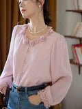 Elegant 3D Floral Blouse Women Vintage Sweet O Neck Long Sleeve Shirt Fall French Retro Casual Female Ruffles All Match Pink Top