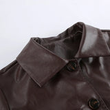 Pbong  New Autumn Fashion PU Leather Jacket Women's Lapel Single-Breasted Stitching Brown Coat Cool Style Commuter Clothing
