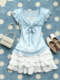 Pbong  Y2k Japanese Style Bow Kawaii 2 Piece Skirt Sets 2000s Slim Sweet Camis + Mini Skirts Harajuku Vintage Hot Girl Summer Suit Chic