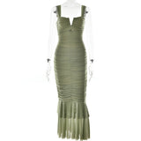 Pbong  Strap Fishtail Hem Long Dresses Sexy Bag Hip Backless Hottie Dress Summer Pleated V-Neck Chic Design Stretch Bodycon Dress Women