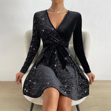 Pbong  Women's V-neck Sexy Long Sleeved Sequined Solid Color Dress High Street Fashion Elegant Party Evening Dresses
