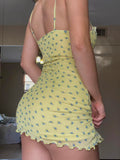 Ruffles Tie Floral Print Cute Y2K Summer Dress Women Sleeveless Two Layer Mesh Spaghetti Straps Dresses