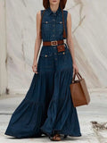 Women's Vintage Pleated A-Line Tank Dress High Street Casual Summer Fashion Denim with Turn down Collar And Pockets Style