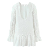 Long Sleeve Lace Mini Dresses Spring Autumn Women's Vestidos Floral Embroidered Cotton Lace-up Backless Dress Boho Beach Robe