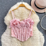 Pbong  Sexy ort Sexy Vest Women's Summer Faion Slimming Waist Belted Fibone Strapl Crop Top with 3D Flower Embroidery Breat...