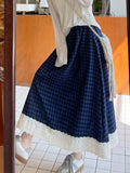 Pbong  Sweet Plaid Long Skirts Women Preppy Style Loose Elegant A Line Skirt Vintage High Waist Lace Patchwork Cute Female Skirts
