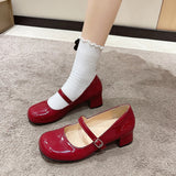 Women Shoes High Heels Mary Janes Shoes Patent Leather Thick Heel Pumps Buckle Round Toe Female Footwear White Red