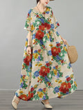 Bohemian Print Maxi Dress round Neck Short Sleeve plus Size Summer New Style Women's Clothing Commute Loose Waist Cotton Linen