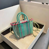 Pbong  Fashion Colorful Woven Mini Tote Bag with Drawstring Closure Lightweight Large Capacity Crossbody Purse for Summer Beach Outings