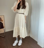 Hook Embroidery Puff Sleeve Spring Long Dress Korea Chic Lace V-neck Button 2025 New Dress A-line Hollow Beige Female Clothing