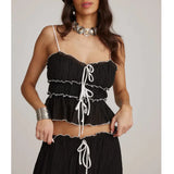 Pbong  y2k Two Piece Set Women Sexy Striped Spaghetti Strap Sleeveless Camisole with Ruffle Trim Pleated Long Skirt Streetwear