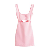 New French Fashiona Elastic Design Square Neck Short Dress Tight Backless Pink Party Dress Hollow Fashion Summer Dress