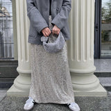 Pbong  Women's Party Clubwear Glitter Shiny Sequined Elastic Waist Spring Summer Vintage Straight Long Skirts Streetwear